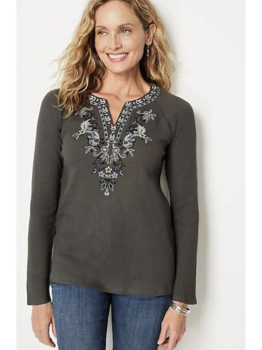 J Jill Womens XL Embroidered‎ Waffle Knit Tunic Top Floral V Neck Shirt